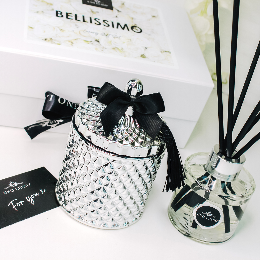 Silver Venetian Candle with lid & matching diffuser gift